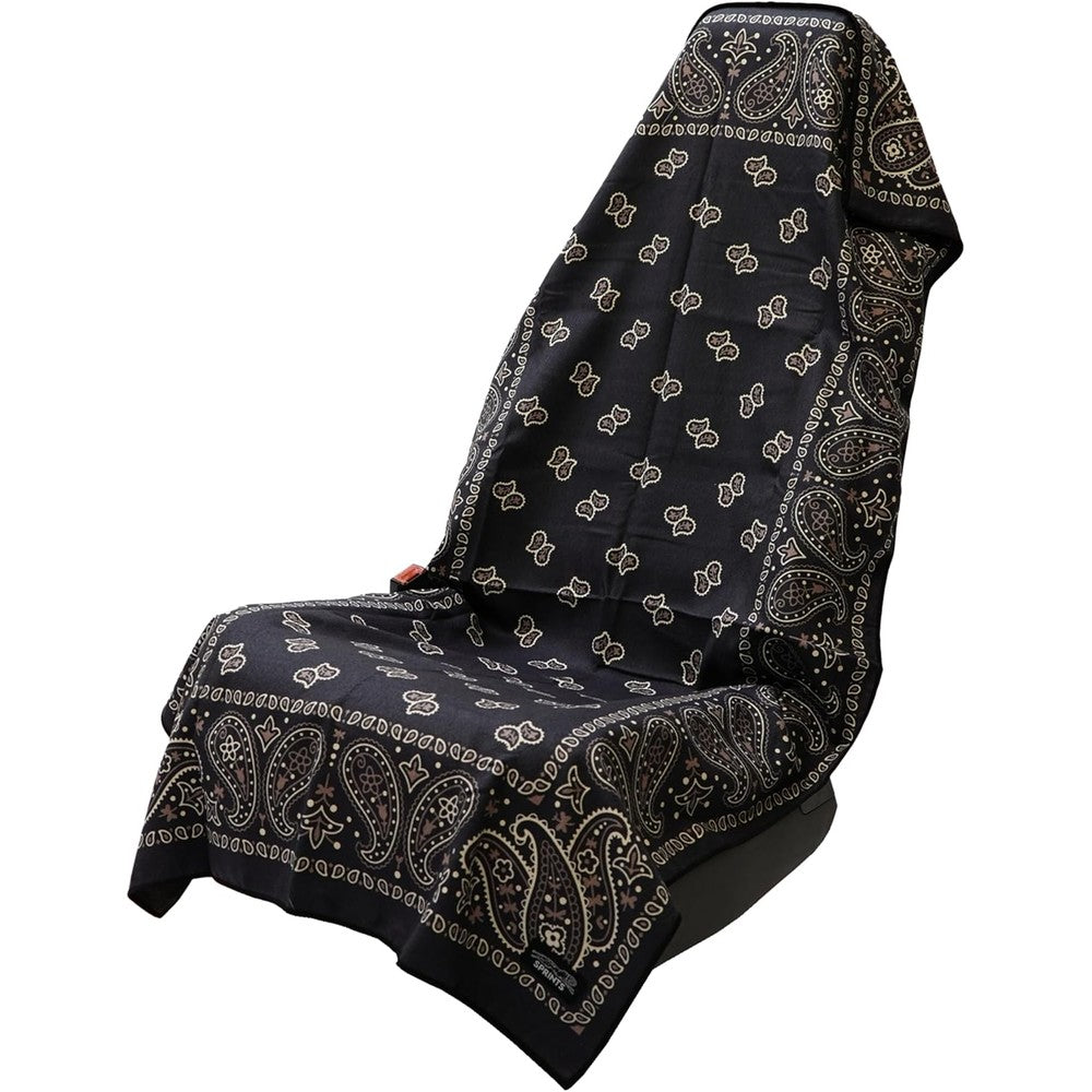 Sprints Athletic Running Towel front view showing black paisley print pattern.