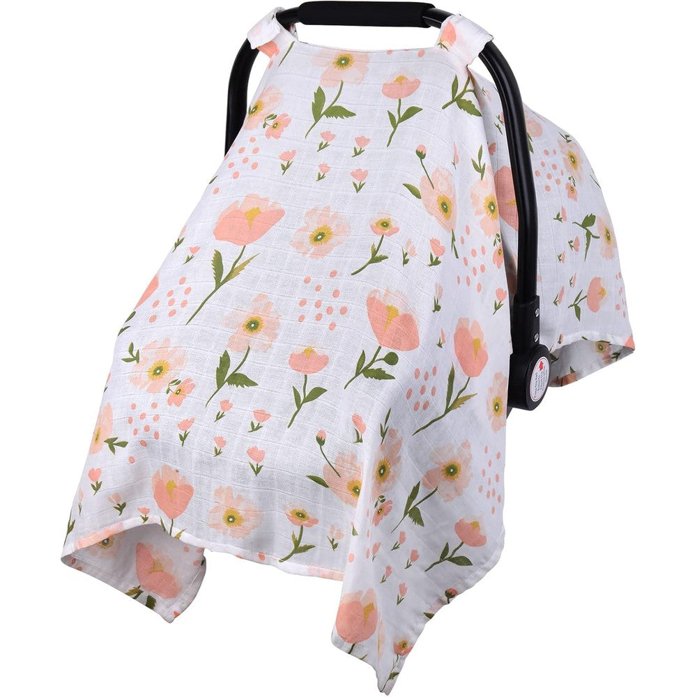 Metplus muslin car seat cover front view showing pink floral pattern on an infant carrier