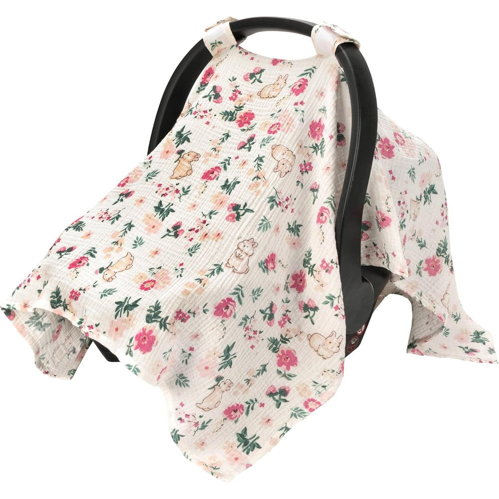 SERAPHY muslin cotton baby car seat cover front view featuring rabbit and flower print over an infant carrier