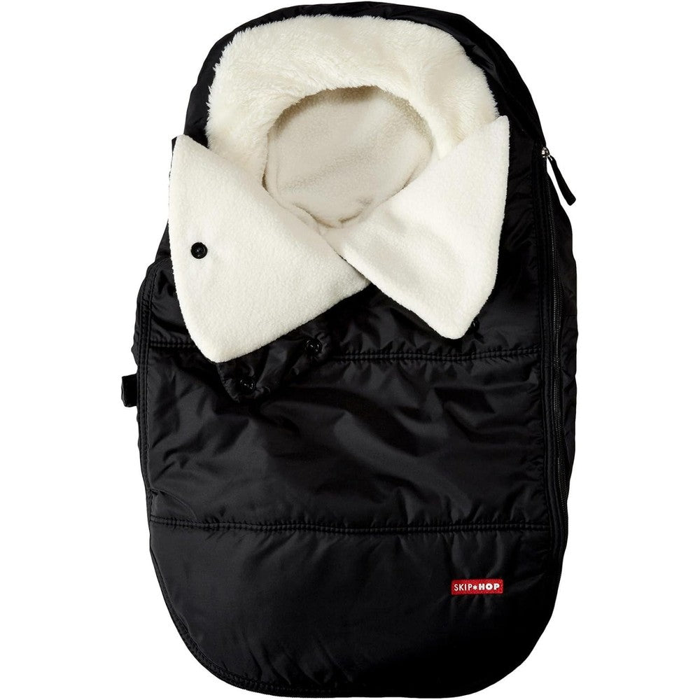 Skip Hop Winter Car Seat Cover Stroll and Go Black front view on an infant carrier.