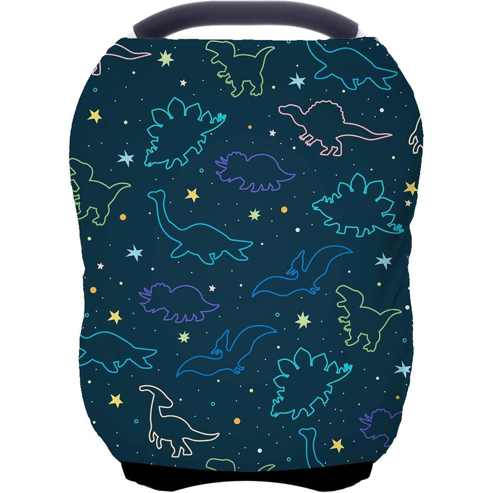 ByeBye Calorie baby car seat canopy cover dark blue dinosaur print front view lifestyle setup