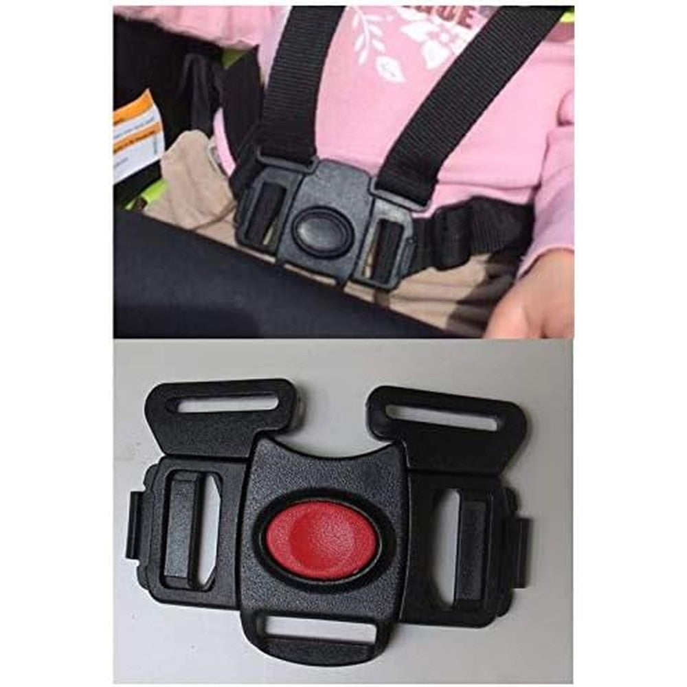 Fitzulam replacement stroller buckle front view showing red central release button.
