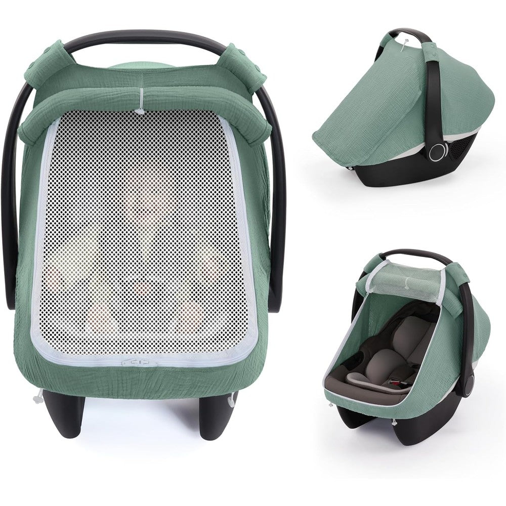 Blissful Diary baby car seat cover front view in Roman Green color on an infant seat.