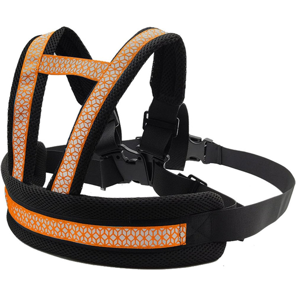 Ocean Count child motorcycle harness front view showing the padded vest and orange reflective safety strips
