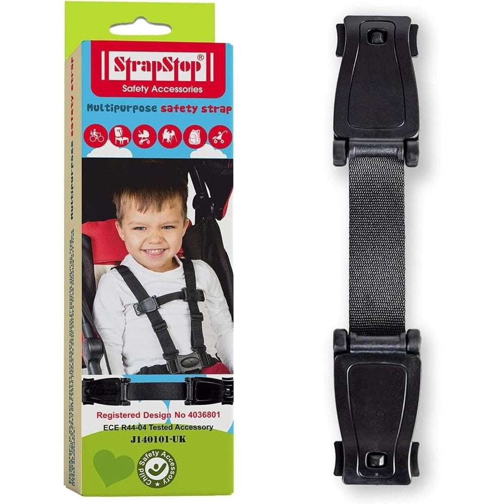 StrapStop anti escape car seat strap front view showing the secure black plastic locking clip mechanism.