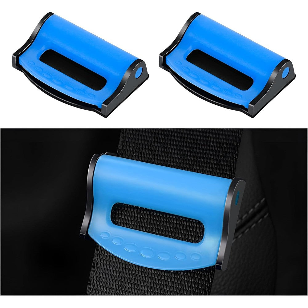 BELOMI car seat belt adjuster clips in night glow blue shown from the front view attached to a vehicle safety strap.