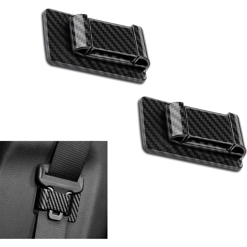 TaOTaoShell universal car seat belt stabilizer clips front view showing carbon fiber pattern.