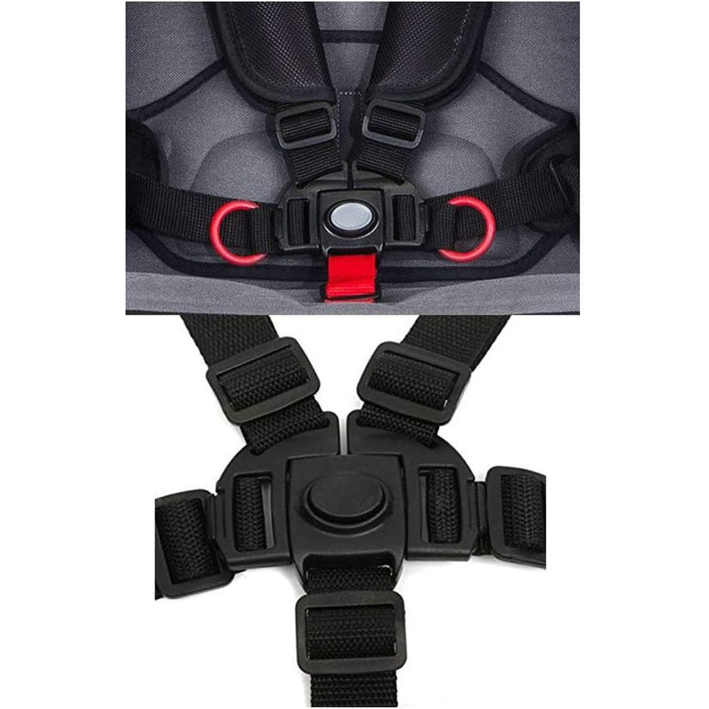 Ponini replacement stroller harness buckle front view showing five point safety strap configuration