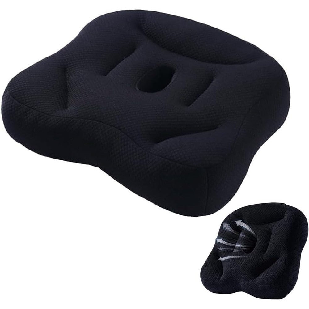Shapeazy car booster seat cushion front view showcasing the black breathable fabric and contoured groove design for adults.