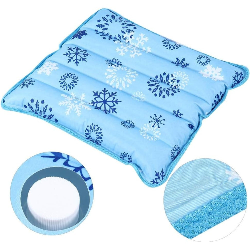 Dioche water filling ice pillow cooling mat front view displaying blue snowflake pattern