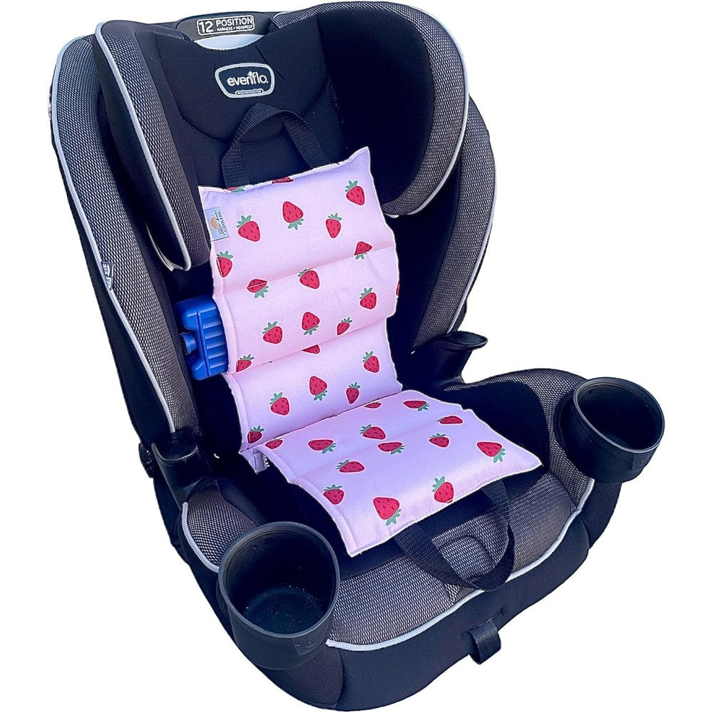 Little Bum Coolers car seat cooling mat front view featuring strawberry print installed in a baby car seat