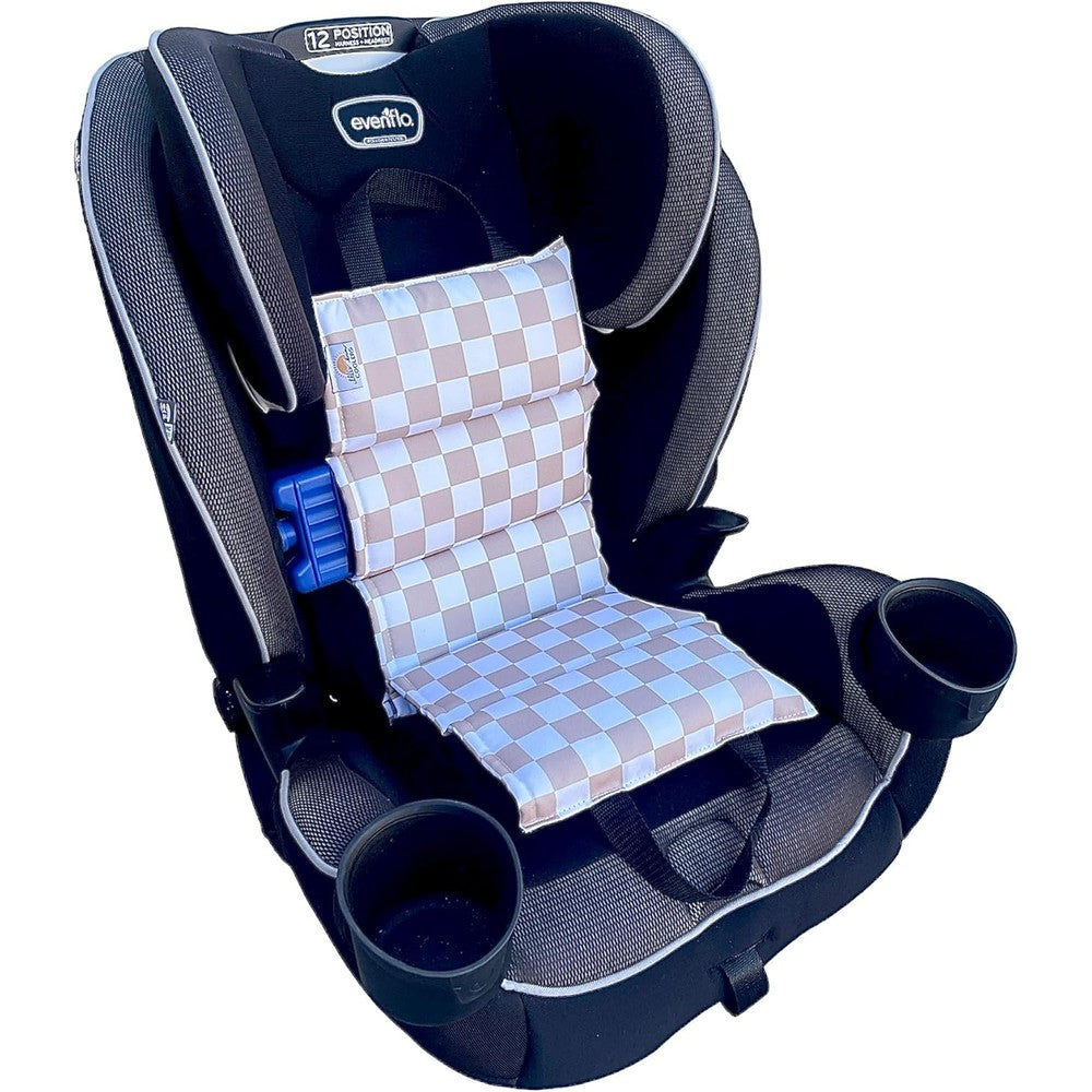 Little Bum Coolers car seat cooling mat front view in tan checker pattern for summer safety.