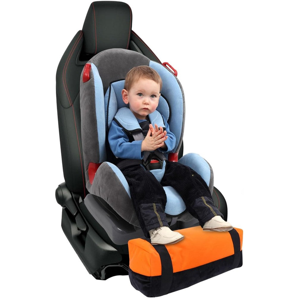 Aurya car seat foot rest for kids front view showing black and orange adjustable leg support cushion