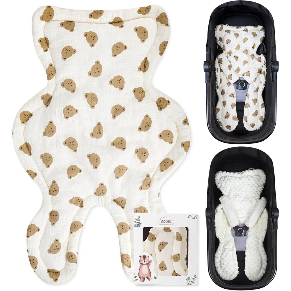YOQIE baby stroller seat liner front view featuring the cute small-headed bear pattern print.