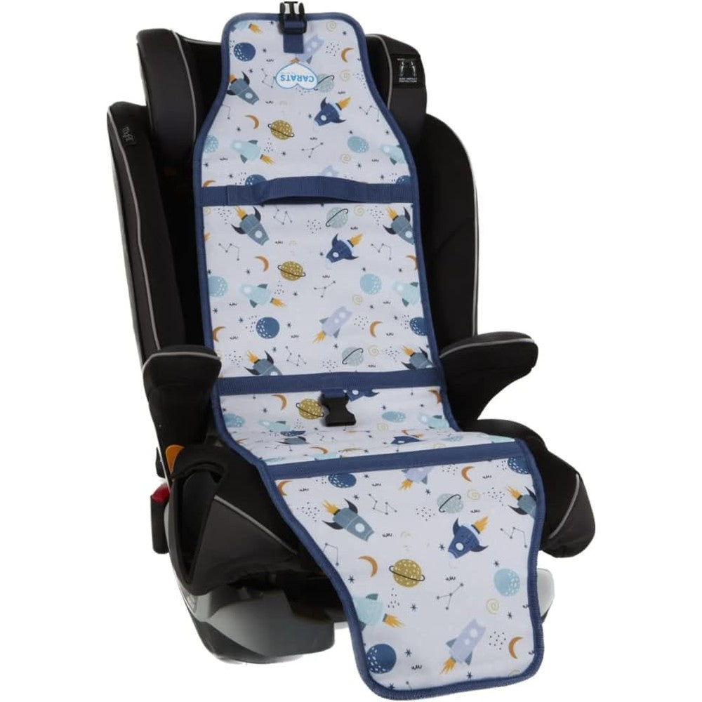 Cool Carats Car Seat Cooling Pad front view in Space White rocket print.