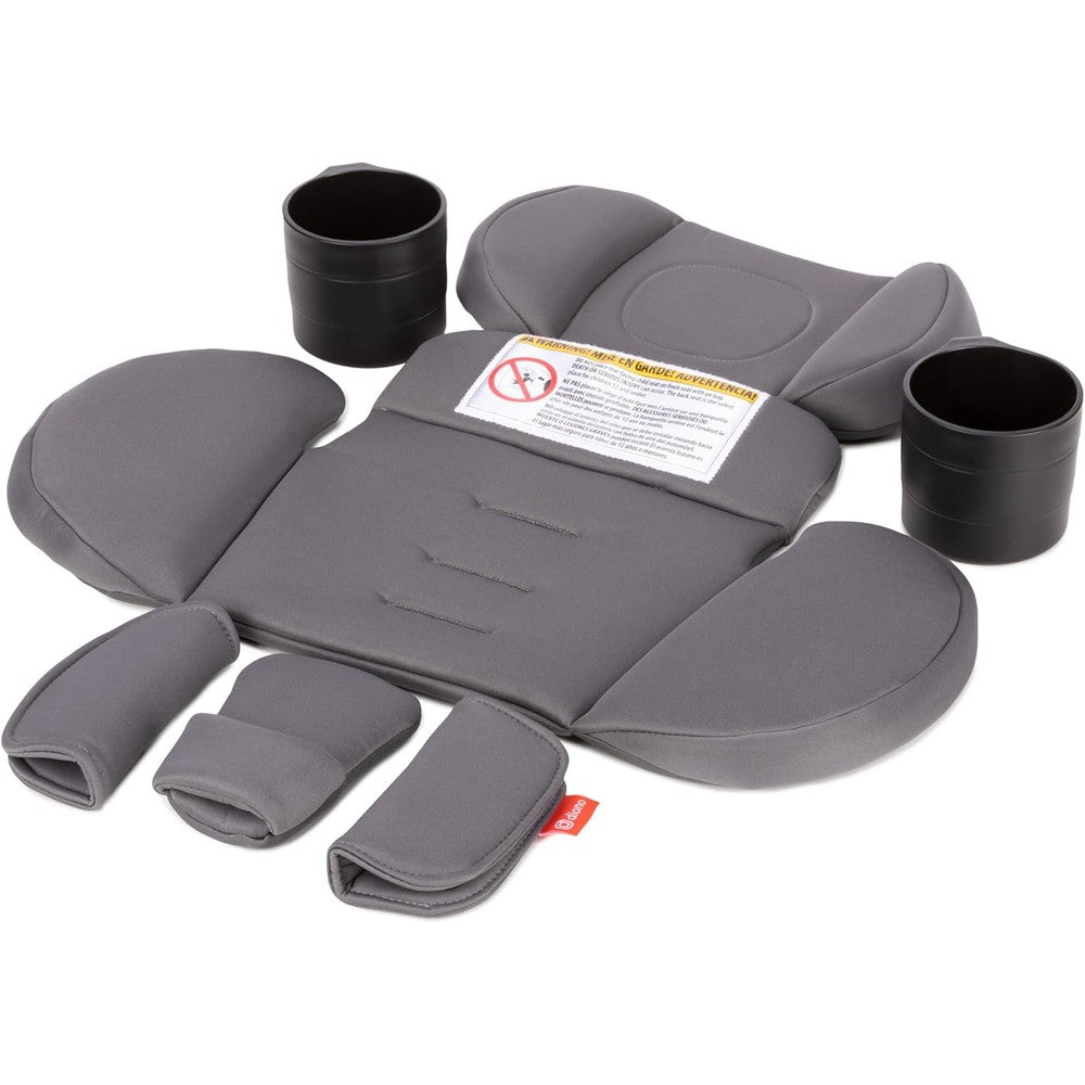 Diono Radian 3R Comfort Travel Kit Gray Storm front view showing the complete seven piece accessory set.