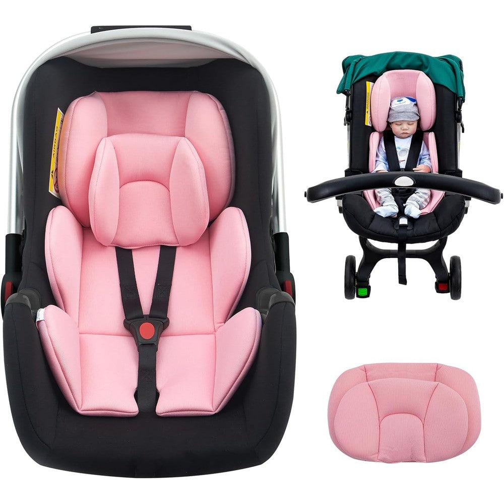 Kaseeous infant car seat insert front view showing pink and black thick padded head support