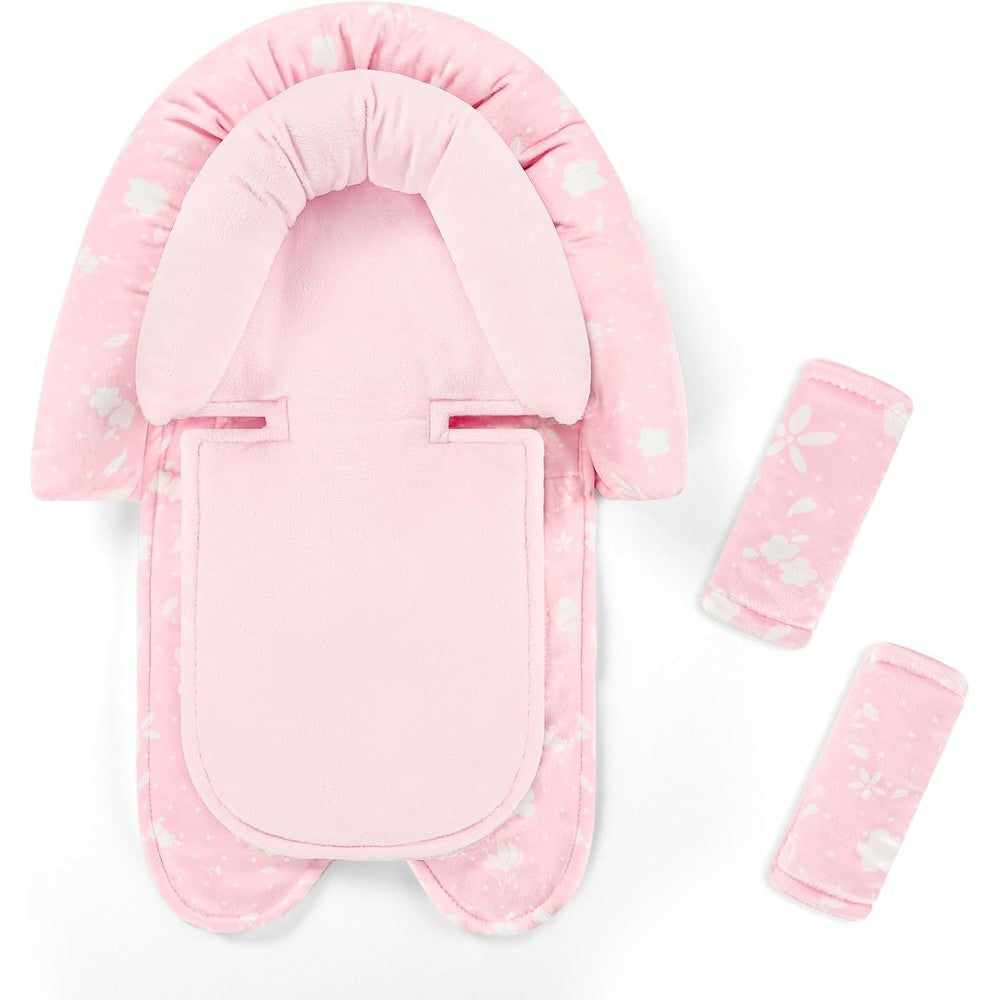 Man Fai Sky infant car seat insert in pink front view showing 2 in 1 head support