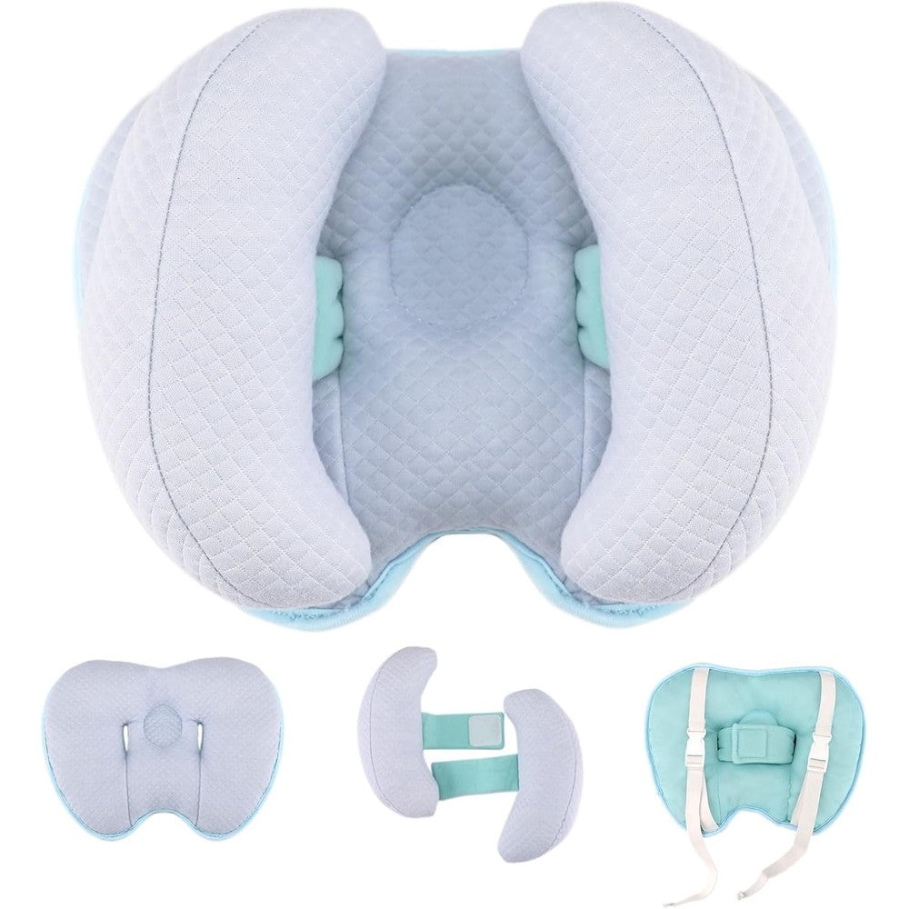 Yufiova upgraded 2 in 1 baby travel pillow in blue showing front view of heart and banana cushions.