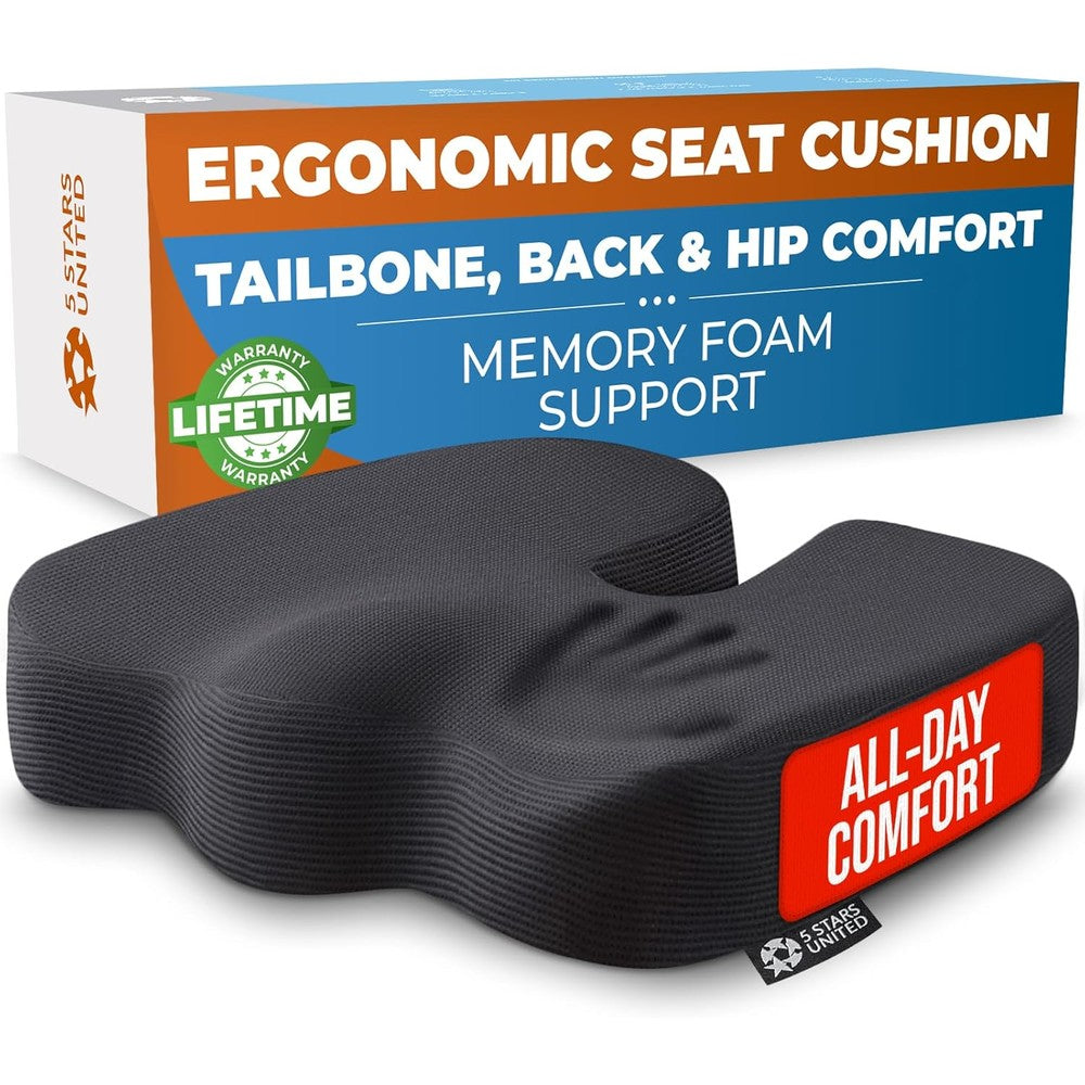 5 STARS UNITED memory foam coccyx seat cushion front view showing ergonomic contour design