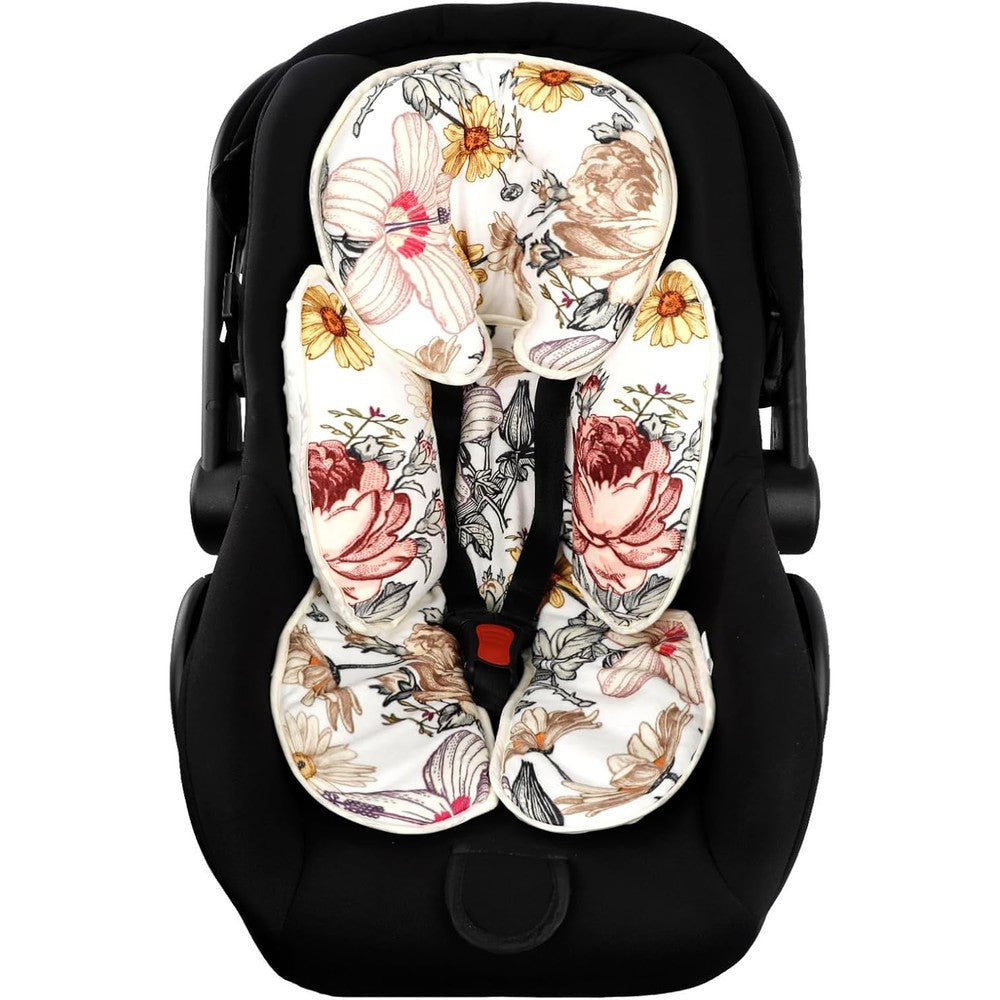HNHUAMING floral baby car seat head and body support insert front view showing vintage flower pattern