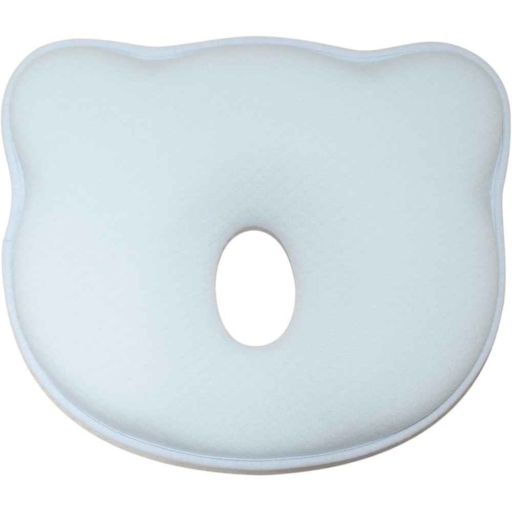 Gooyule memory foam baby pillow front view displaying the ergonomic cartoon bear shape and light blue breathable cotton cover.
