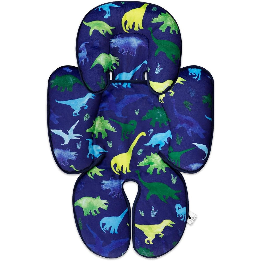 TANOFAR dinosaur infant car seat head and body support cushion front view showing blue pattern