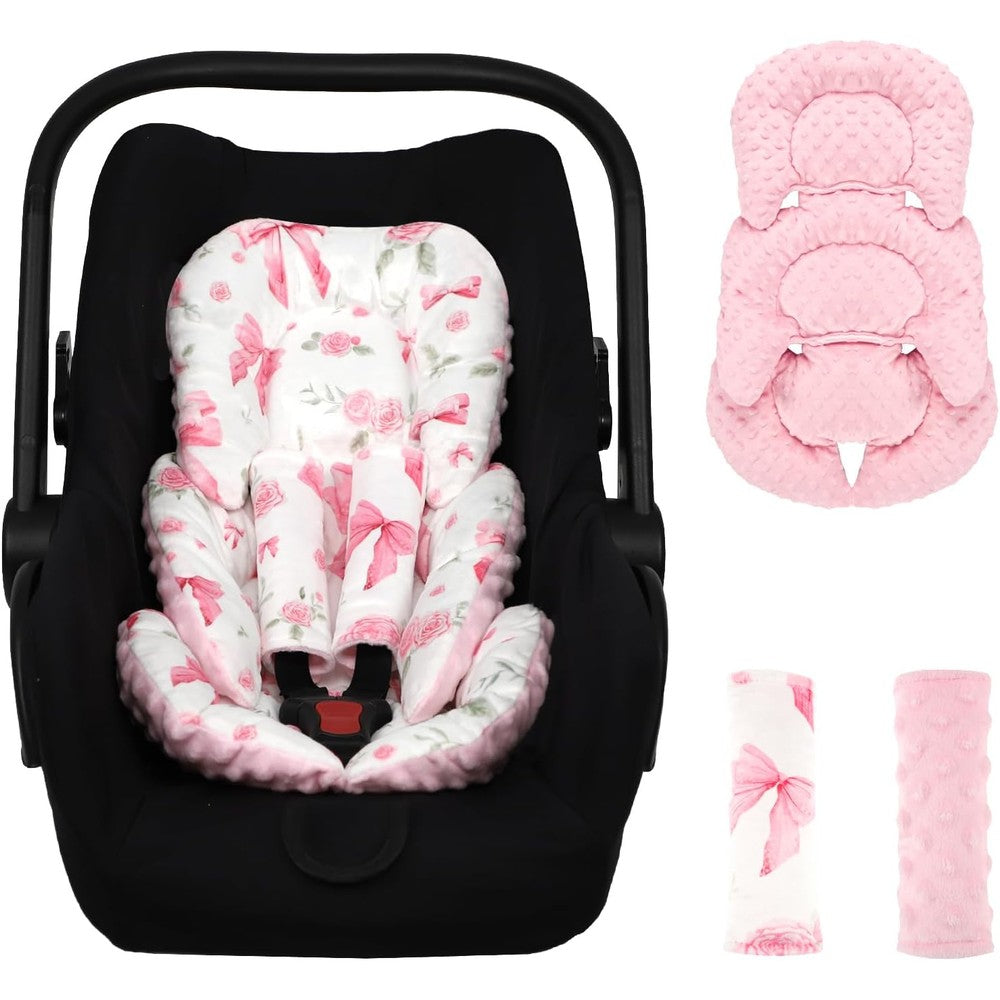 DAYEEBALL infant car seat insert front view featuring pink rose floral pattern with matching strap pads