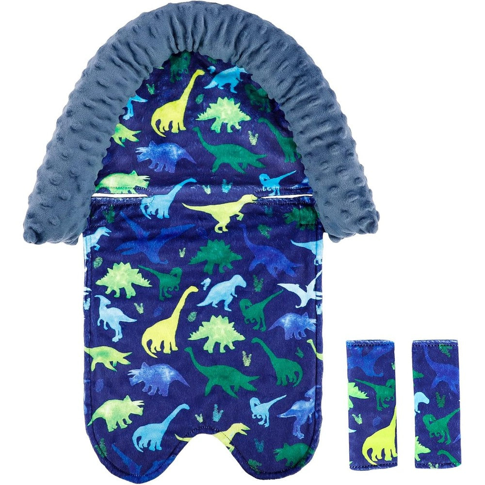 TANOFAR baby car seat head support front view in blue dinosaur print