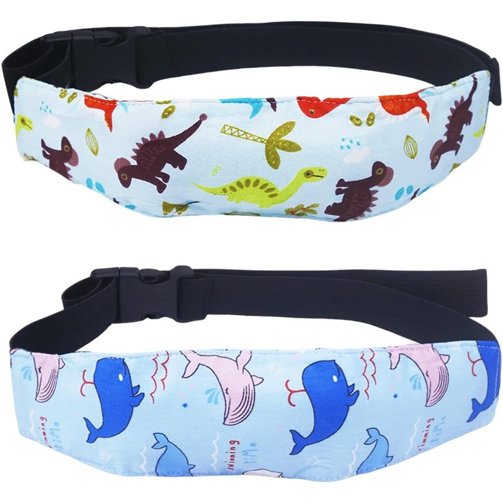 Tarini baby head support band front view showing blue dinosaur print on car seat.