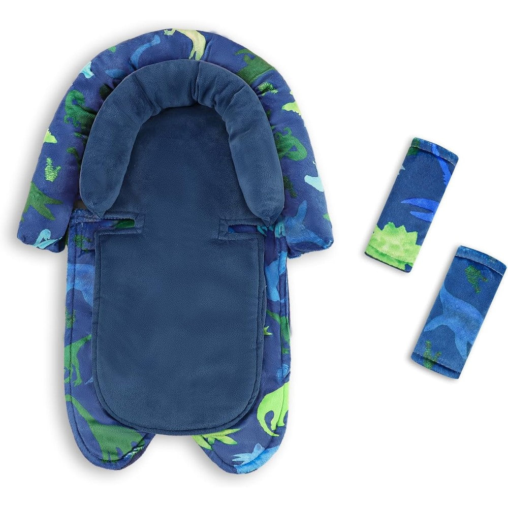 Tanofar baby car seat head support front view in blue dinosaur pattern