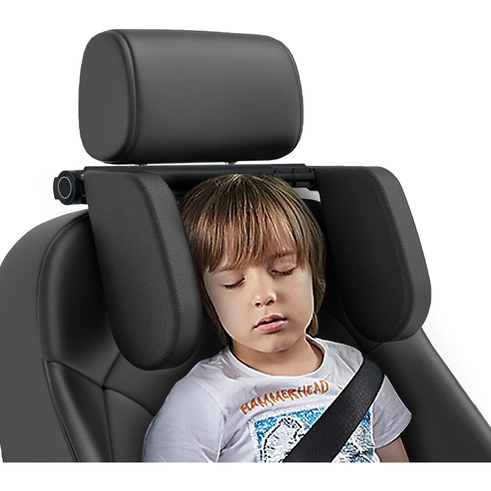 Belmeri car headrest pillow front view in black color showing adjustable support wings