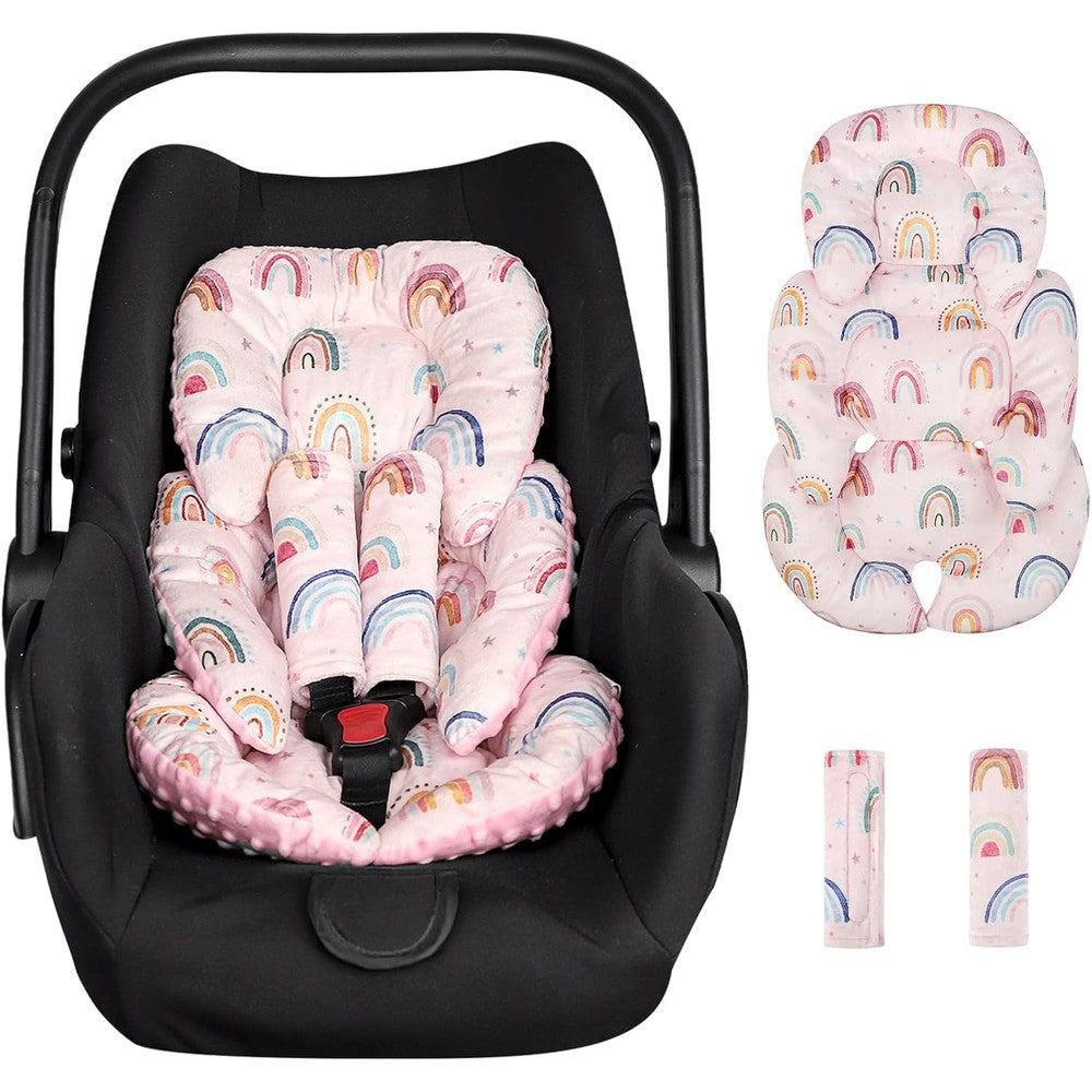 CARUILI infant car seat insert pink rainbow front view showing plush newborn head support cushion