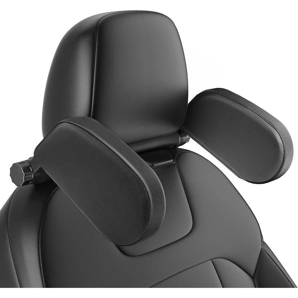 Heapany Roadpal adjustable car headrest pillow front view showing black leather memory foam cushions on car seat poles