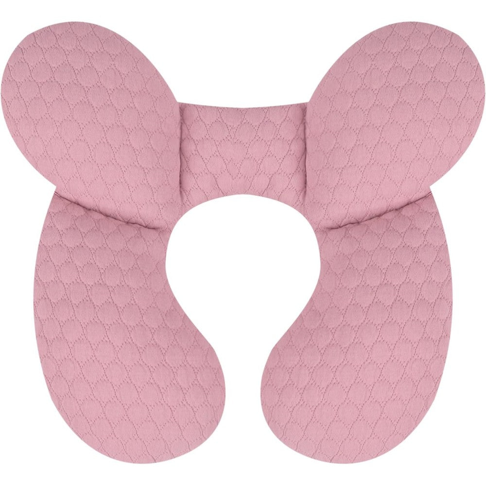 KAKIBLIN baby travel pillow pink front view showing upgraded U-shaped infant neck support cushion.