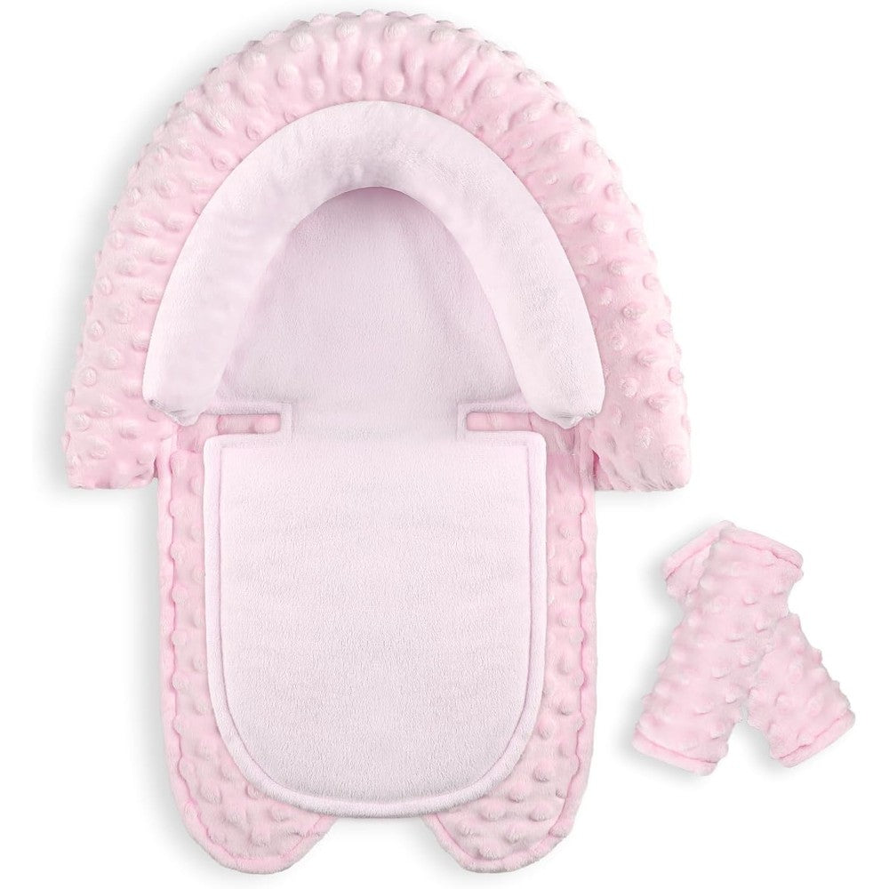 HNHUAMING infant car seat insert front view in pink minky fabric with head support and shoulder pads.