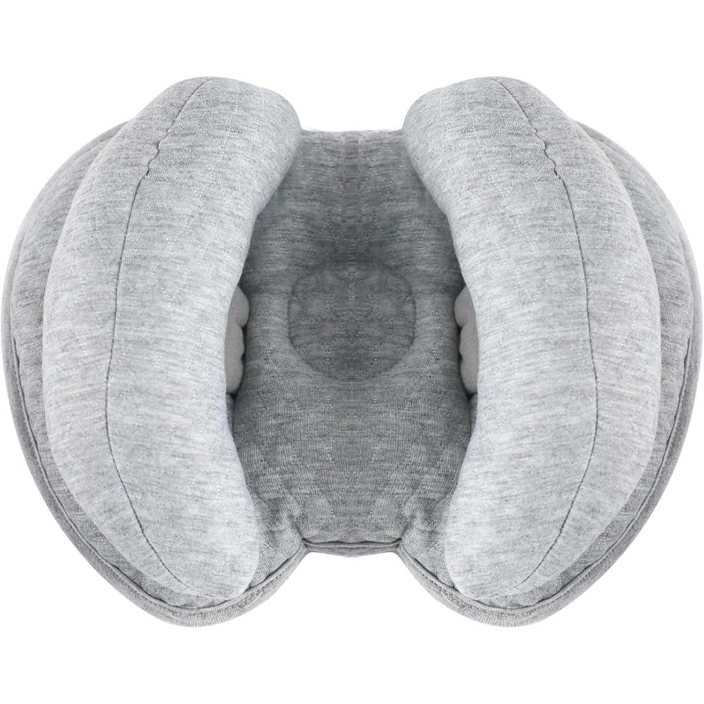 KAKIBLIN baby support pillow front view in gray color showing the central heart contour and banana shaped neck wings.