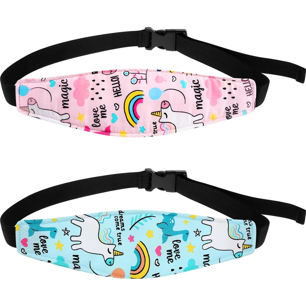 Hestya baby car seat head support front view displaying the colorful dinosaur and unicorn patterns for kids travel comfort.