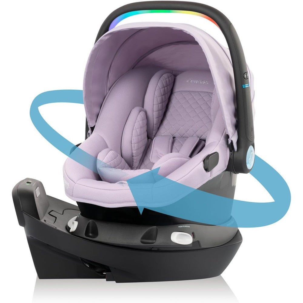 Evenflo Revolve180 LiteMax NXT rotating infant car seat in Agate Purple front view premium baby travel gear