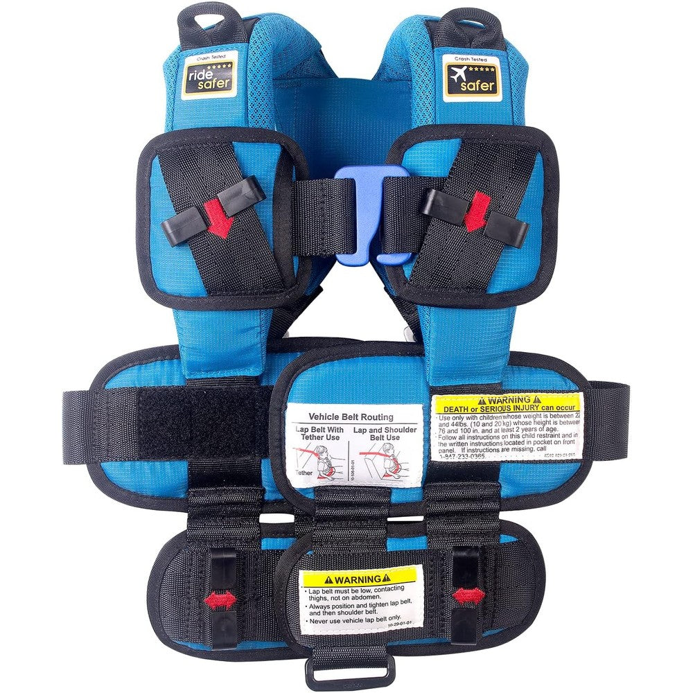 RideSafer Gen 5 travel vest car seat extra small blue front view showcasing safety belt guides