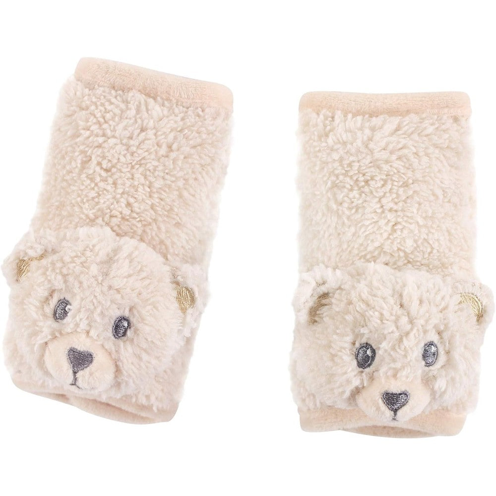Hudson Baby cushioned strap covers in Tan Bear design shown on car seat strap