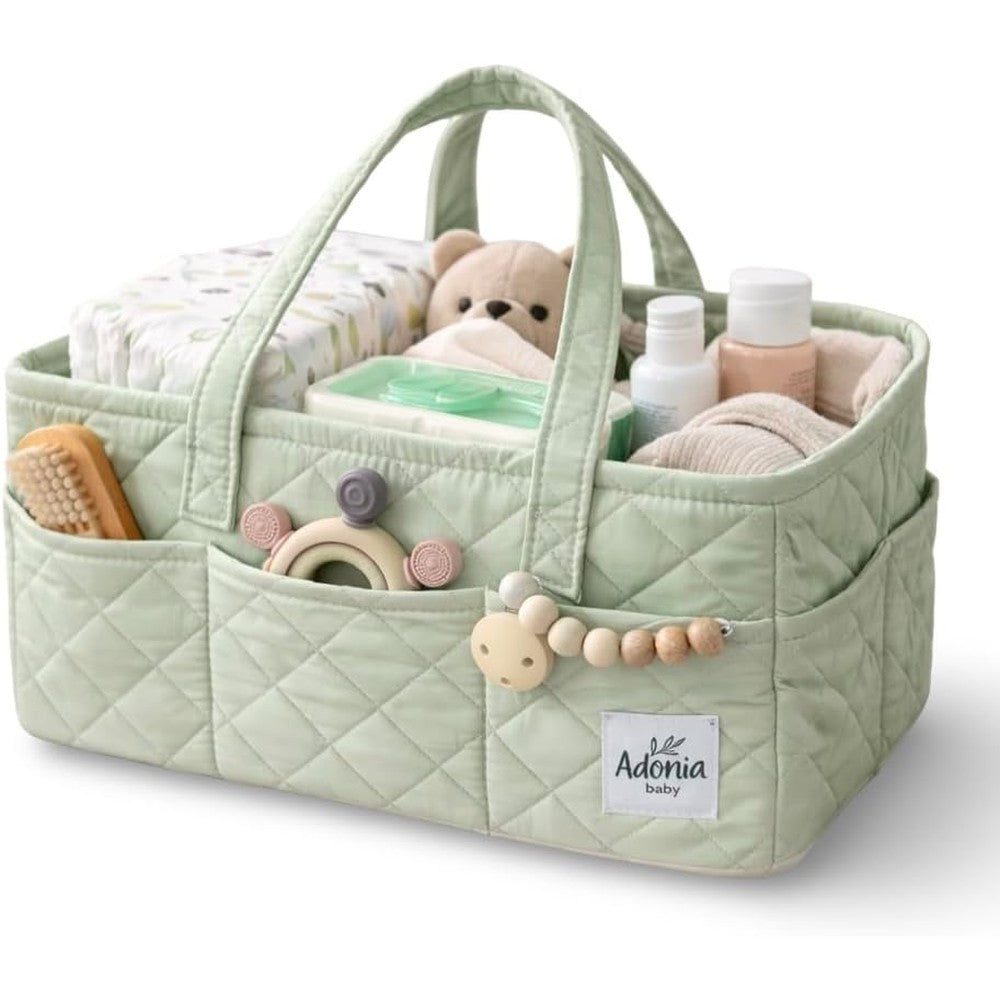 Adonia & Co Diaper Caddy Organizer front view showing sage green quilted fabric nursery storage basket.