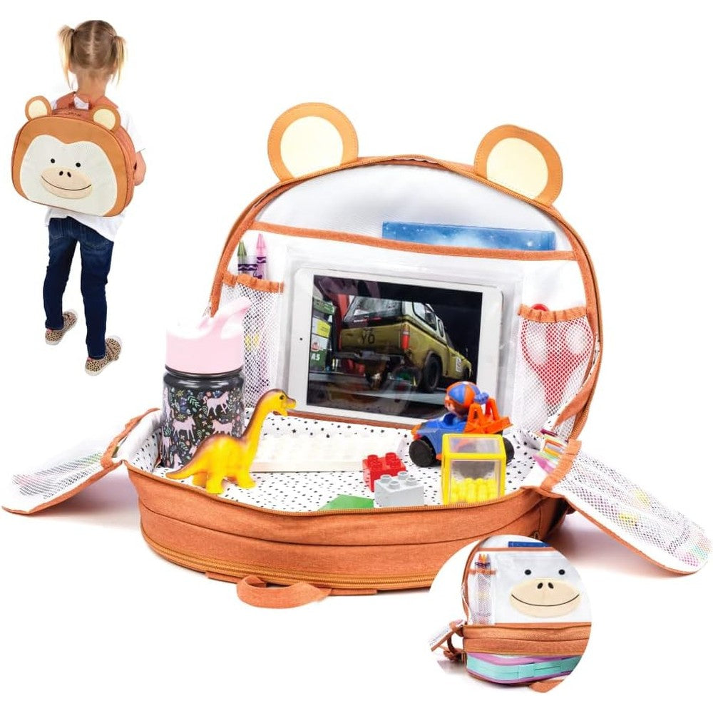 Lulyboo toddler car seat activity tray and backpack unicorn design front view for kids travel comfort.