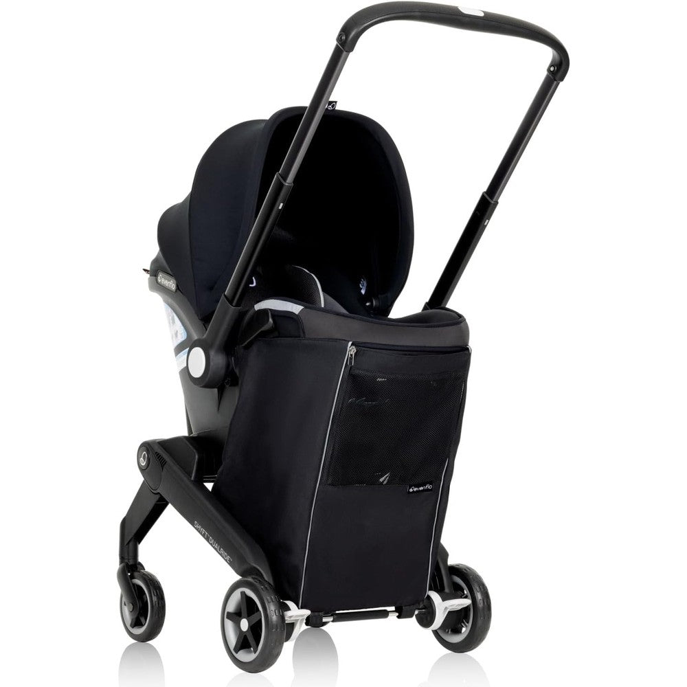 Evenflo Shyft DualRide Carryall Storage Bag Black front view showing premium polyester canvas texture and reflective logo label.