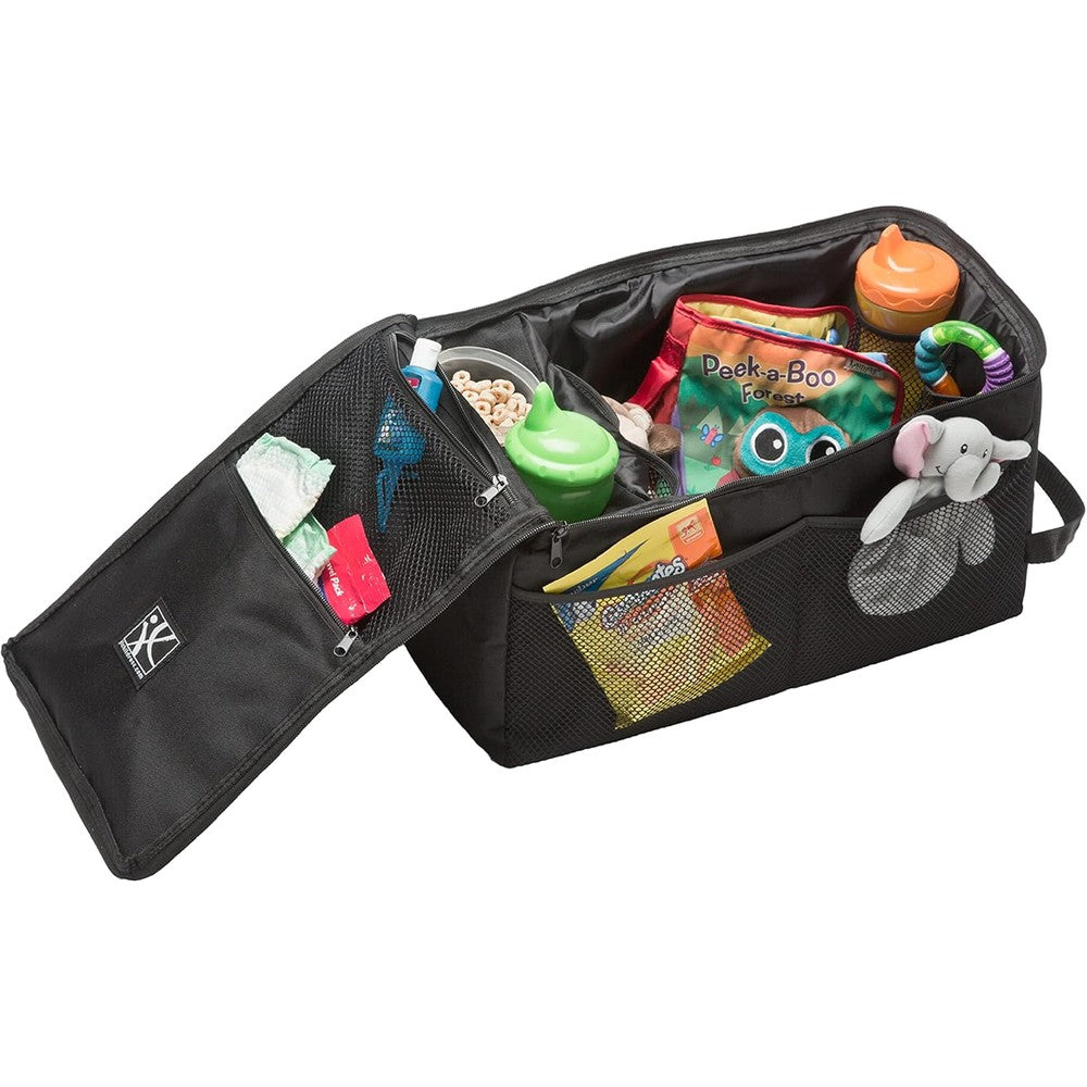J.L. Childress Backseat Butler car seat organizer front view showing ten pockets for road trip storage.
