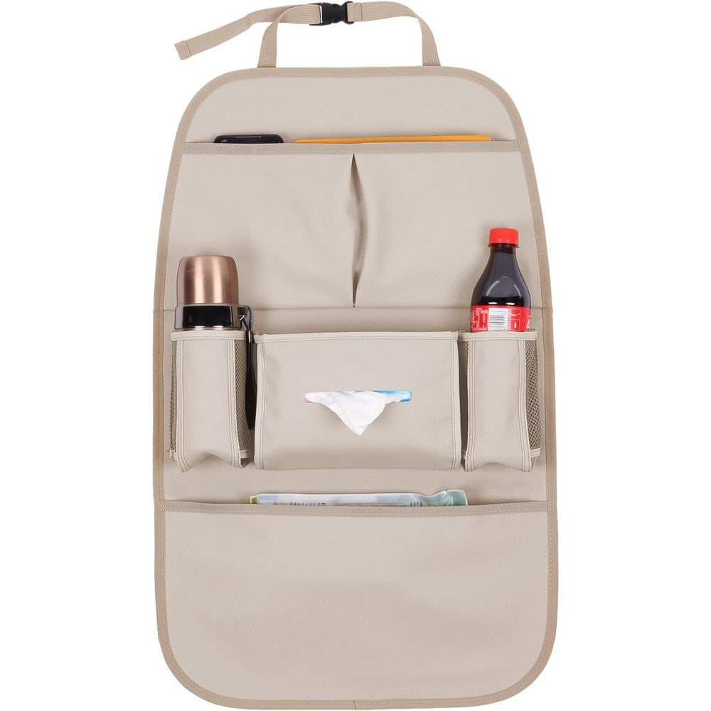 Pefirst car backseat organizer beige front view showing multiple storage pockets.