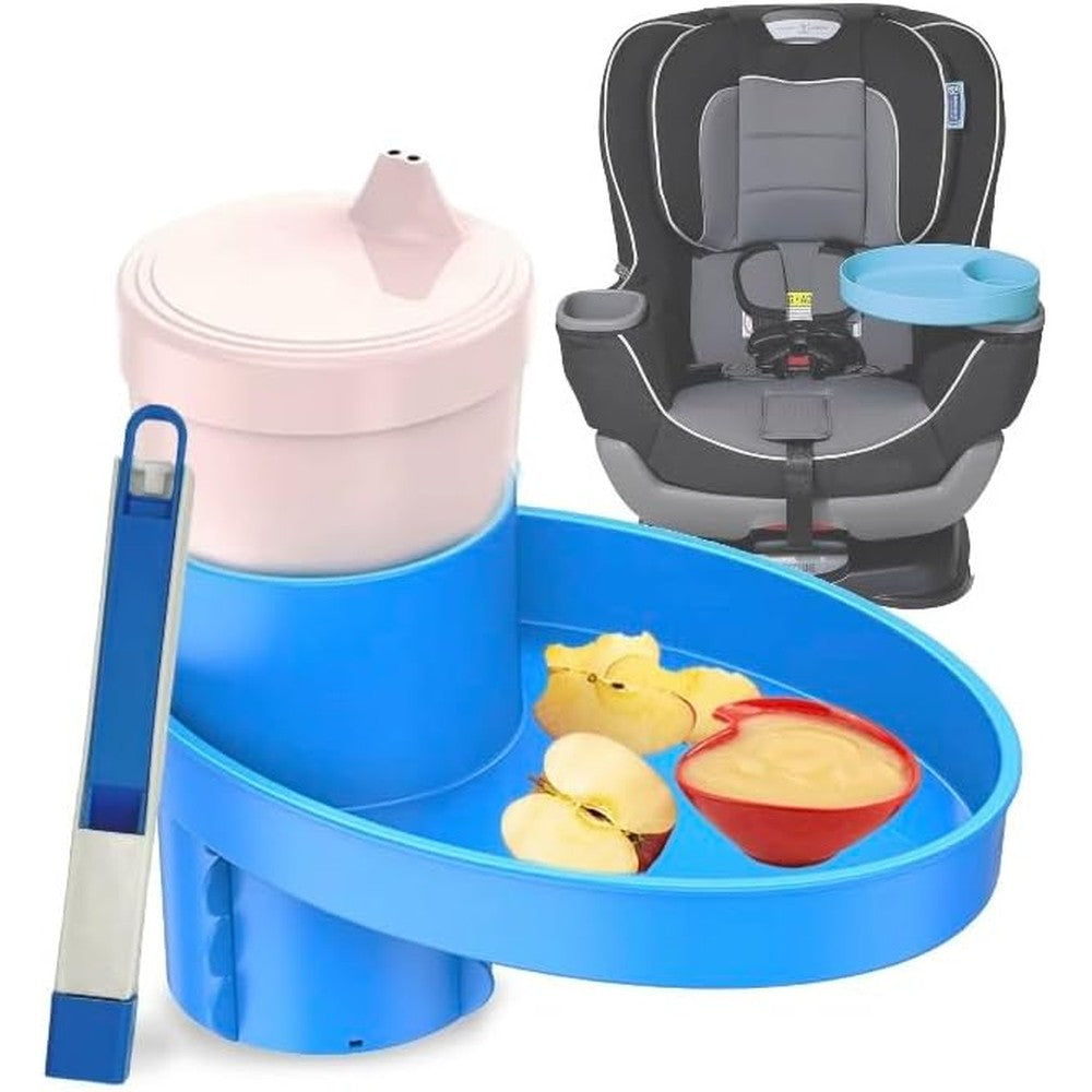 MommyMob complete kids travel tray kit blue color front view installed in a toddler car seat cup holder
