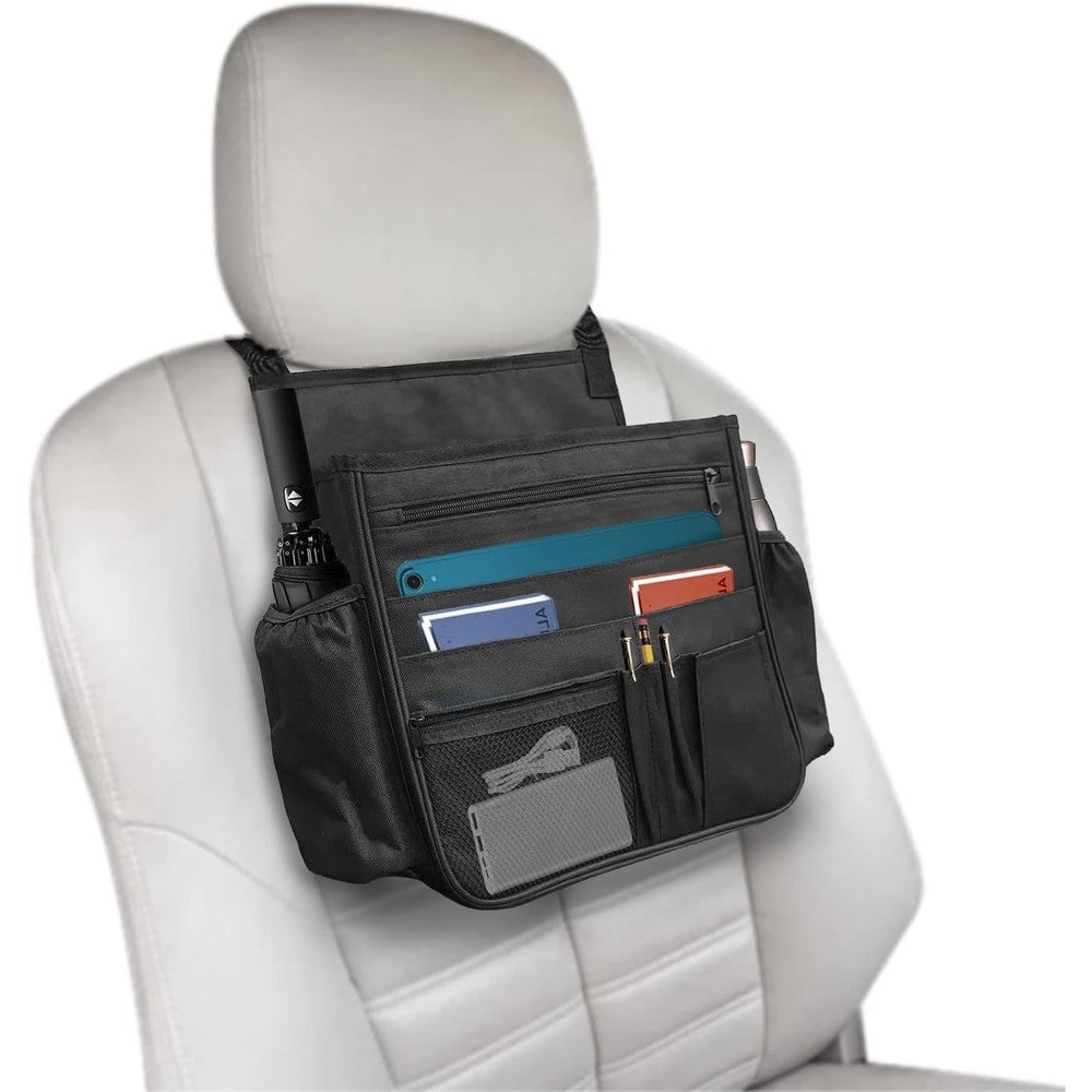 Boczif car backseat organizer front view showing multiple storage pockets and laptop compartment.