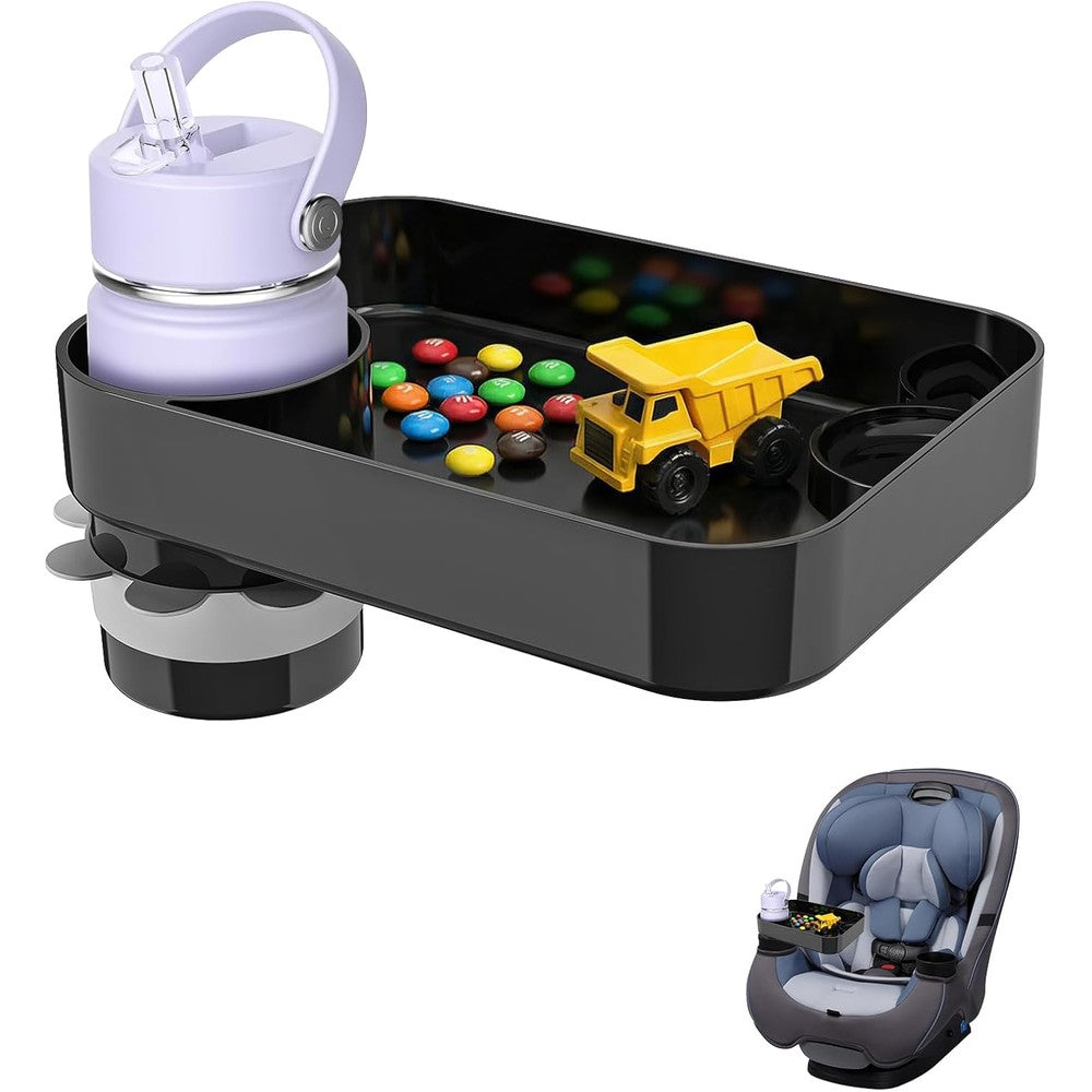 Nexarion car seat snack tray front view showcasing the black toddler travel organizer with cup holder.