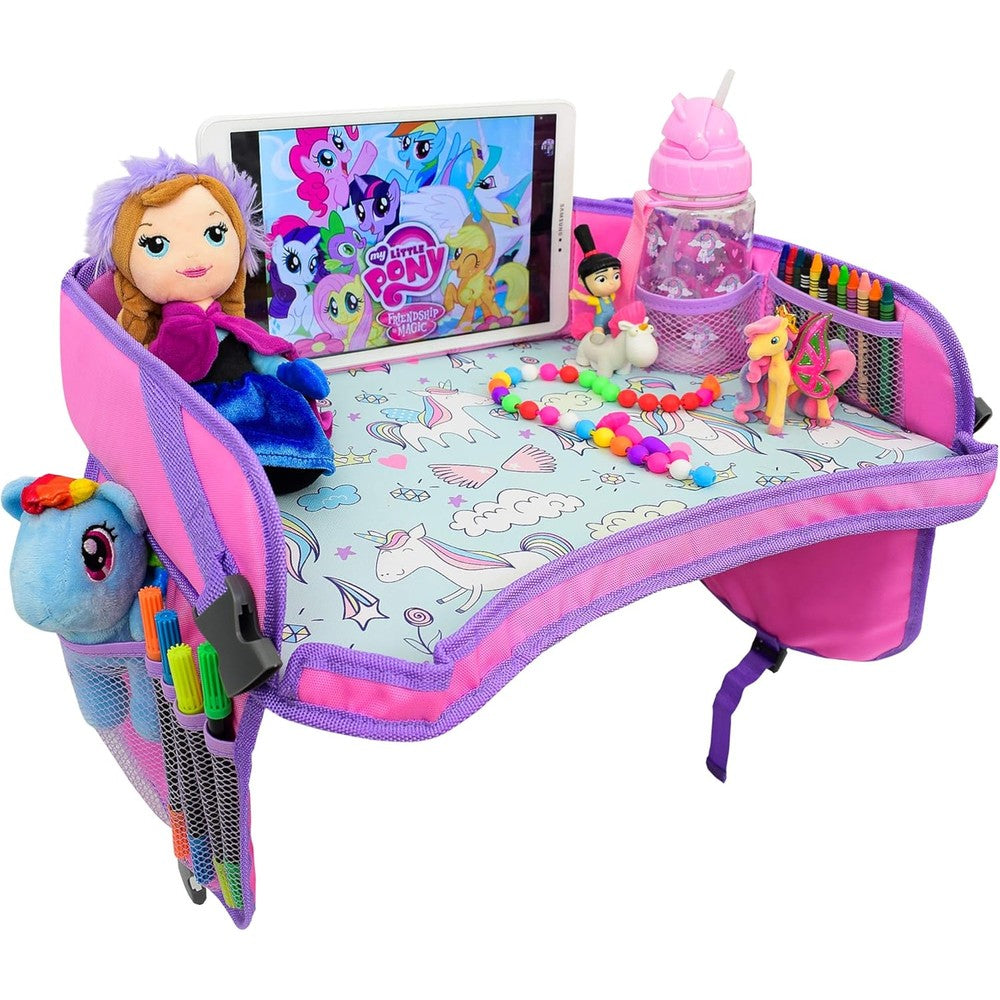 ecoZen Lifestyle Pink Toddler Lap Desk Organizer front view showing unicorn surface and tablet holder